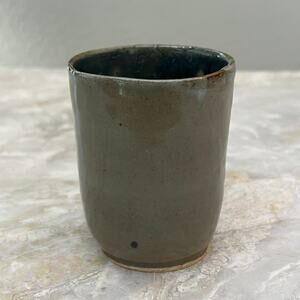 Studio Art Pottery Tumbler Cup 4" Gray Speckle Blue Drip Signed By Artist